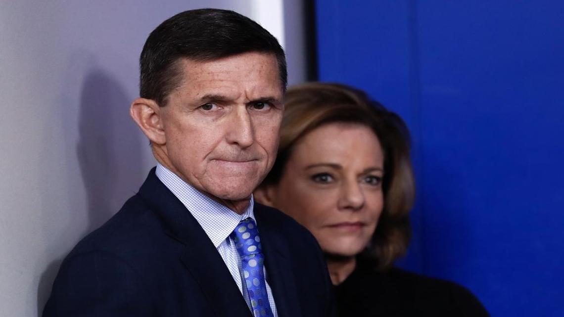 National Security Adviser Michael Flynn stands with K.T. McFarland, deputy national security adviser, before speaking during the daily news briefing at the White House, in Washington, Wednesday, Feb. 1, 2017. Flynn said the administration is putting Iran "on notice" after it tested a ballistic missile.