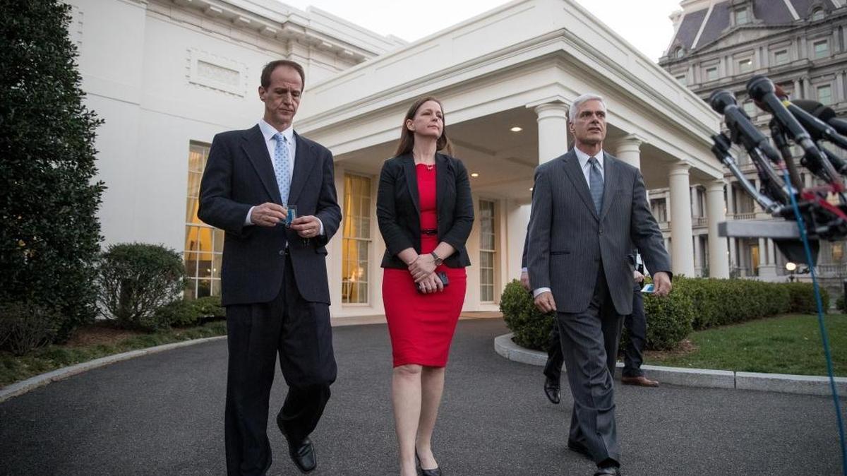From left, Americans for Prosperity President Tim Phillips, Tea Party Patriots President Jenny Beth Martin, and Club for Growth president David McIntosh walk out of the West Wing of the White House to give a statement, Wednesday, March 8, 2017, in Washington. These conservative activists are opposed to the current health care overhaul proposal. (AP Photo/Andrew Harnik)