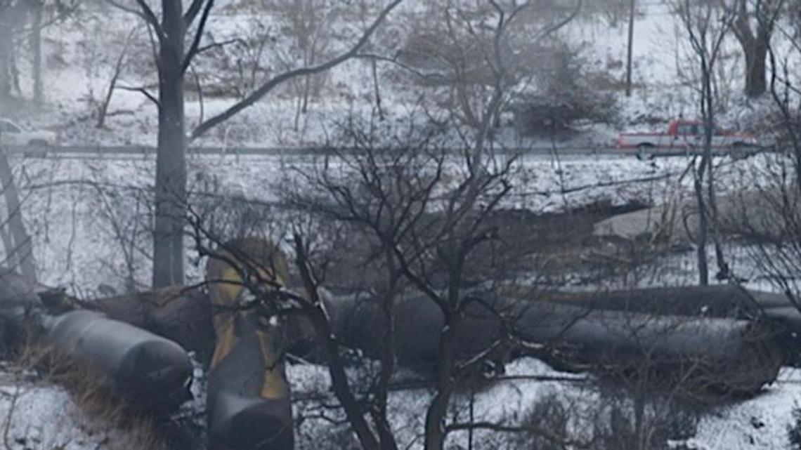 
The wreckage of an oil train derailment in Mount Carbon, W.Va., still smolders 48 hours after the crash, on Wednesday, Feb. 18, 2015. 
