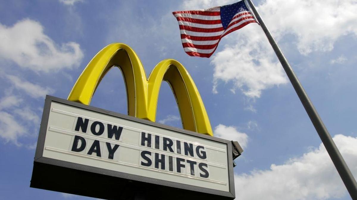 
This May 2, 2012, file photo shows a sign advertising job openings outside a McDonalds restaurant in Chesterland, Ohio. 
