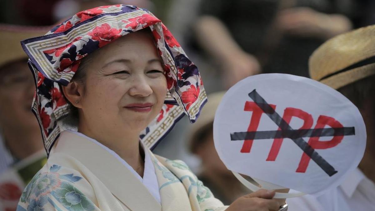 In this file photo, a Kimono-clad protester holds an anti-TPP fan during a rally against the Trans-Pacific Partnership (TPP) in Tokyo, Saturday, May 25, 2013.
