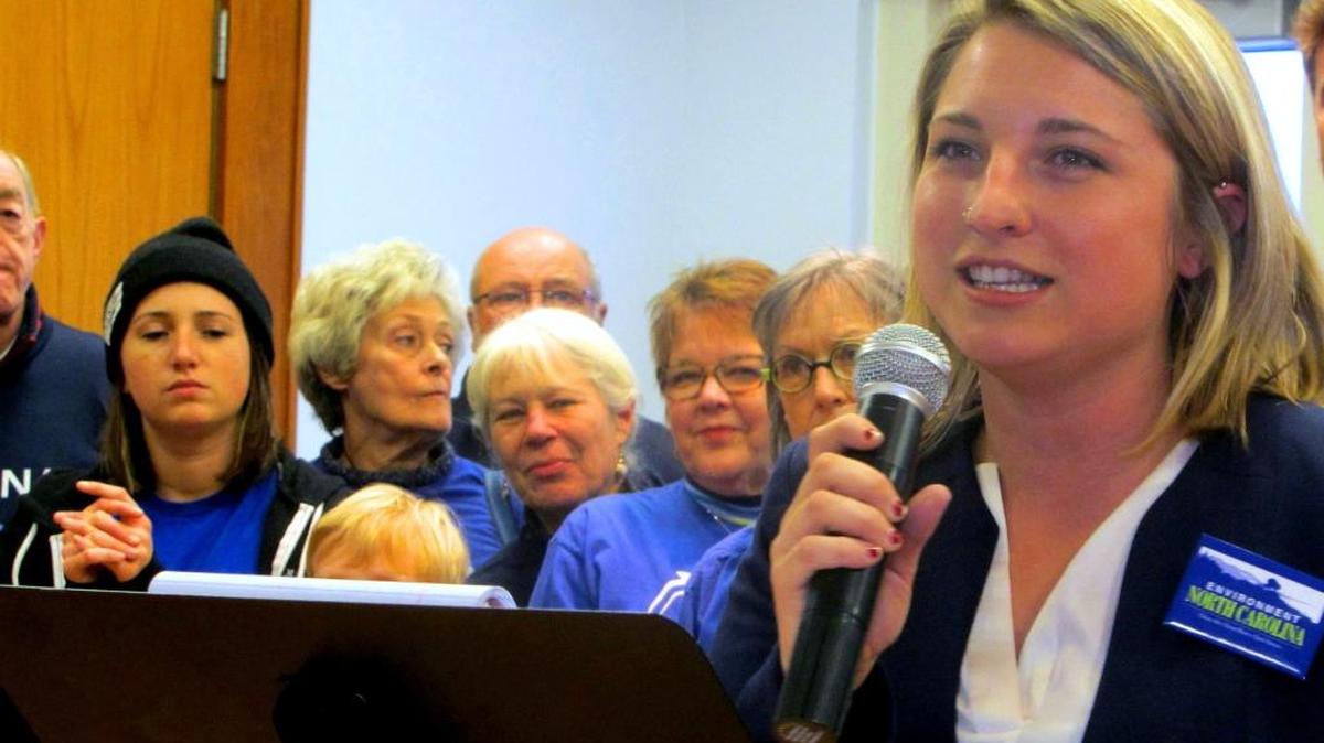 Liz Kazal of Environment North Carolina speaks during a rally opposing drilling offshore of the Carolinas on Feb. 17, 2015, in Wrightsville Beach, N.C.