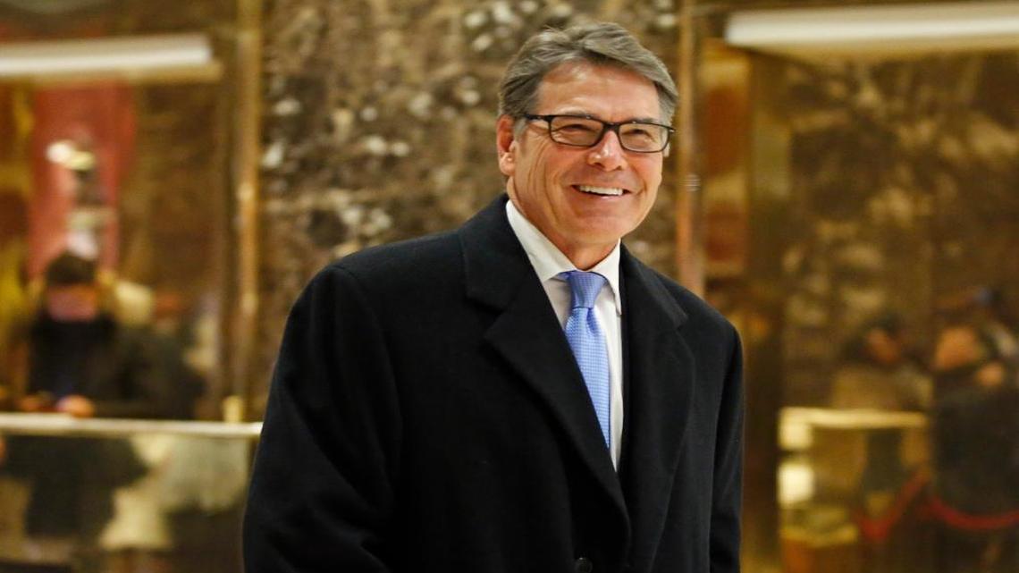 Former Texas Gov. Rick Perry smiles as he leaves Trump Tower in New York. Perry is President-elect Donald Trump’s likely choice to become energy secretary.