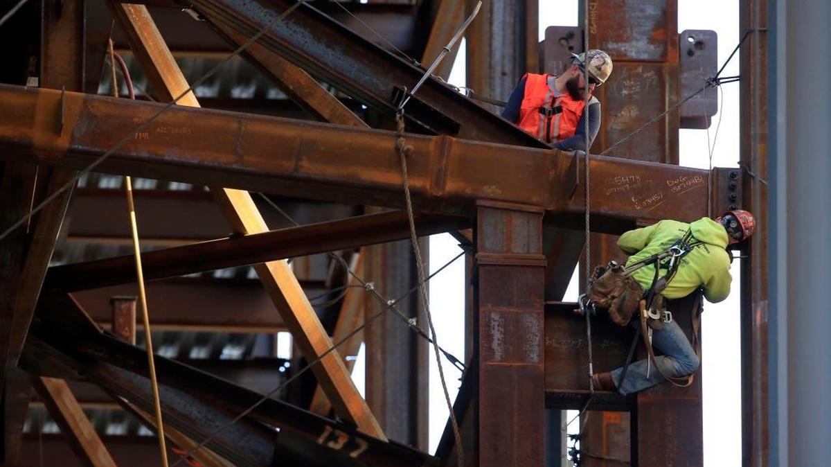 Iron workers help to build the new Comcast Innovation and Technology Center in Philadelphia, taken on Oct. 23, 2015.