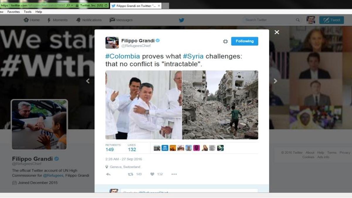 United Nations High Commissioner for Refugees Filippo Grandi captured the emotions of many Syrians when he tweeted out that Colombia proved no conflict was intractable.