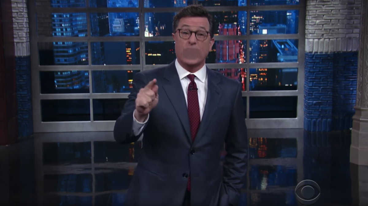 Part of Stephen Colbert’s obscene joke involving President Donald Trump and Russian President Vladimir Putin was censored when it aired Monday.