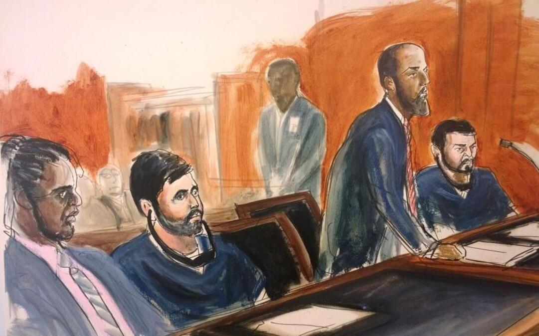 In this courtroom sketch, Efrain Campo, second from left, 29, and Francisco Flores, right, 30, are shown at their arraignment last year in a Manhattan federal court