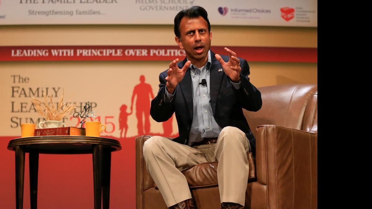 
Louisiana Gov. Bobby Jindal, shown speaking at the Family Leadership Summit in Ames, Iowa, Saturday, is one of the Republican presidential candidates who currently would not qualify for the main August 6 debate.
