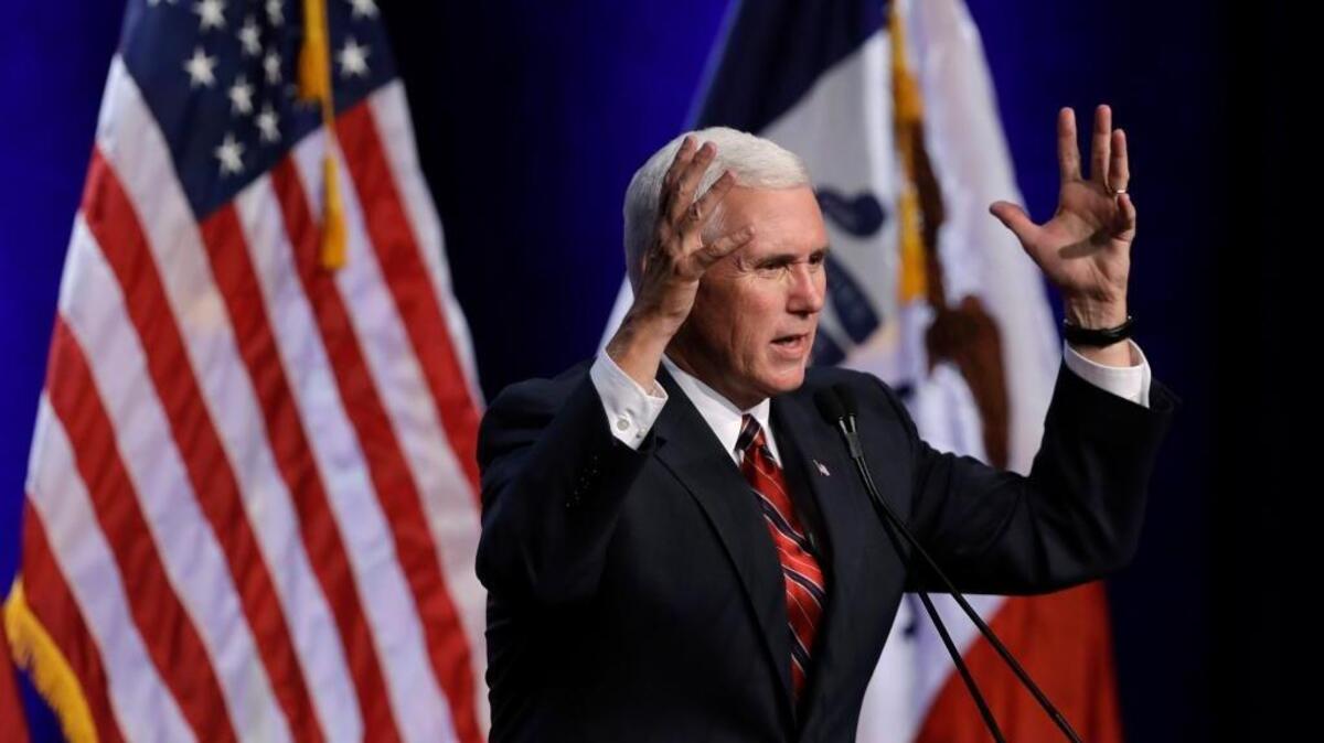 Republican vice presidential candidate Indiana Gov. Mike Pence speaks during the Iowa Faith & Freedom Coalition's Annual Family Fall Banquet, Saturday, Sept. 24, 2016, in Des Moines, Iowa. He said Sunday that Donald Trump won’t bring Gennifer Flowers to the first presidential debate against Hillary Clinton Monday.