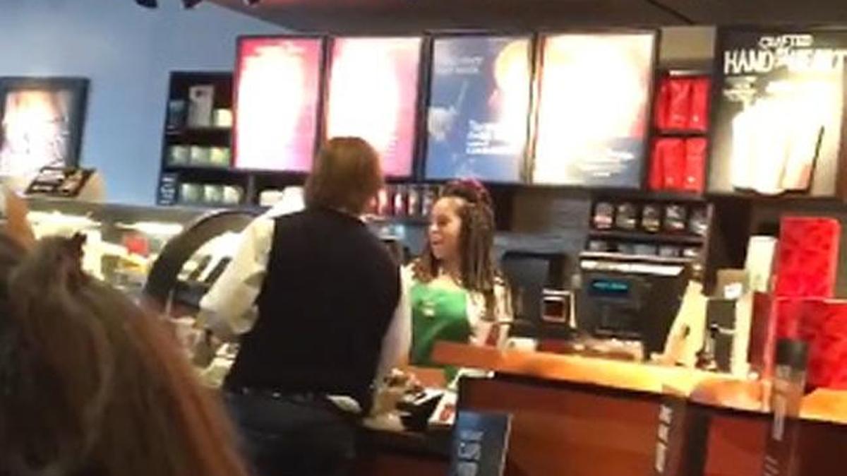A screengrab of the video shows a man screaming "Trump" at a Starbucks employee after he said it took too long for his order.
