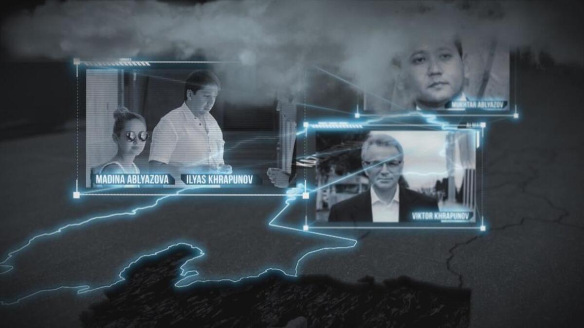 This graphic from Dutch broadcaster Zembla shows Mukhtar Ablyazov, a fugitive Kazakh banker, former Almaty Mayor Viktor Khrapunov, and their children, who are married, Madina Ablyazova and Ilyas Khrapunov. All face lawsuits alleging embezzlement.