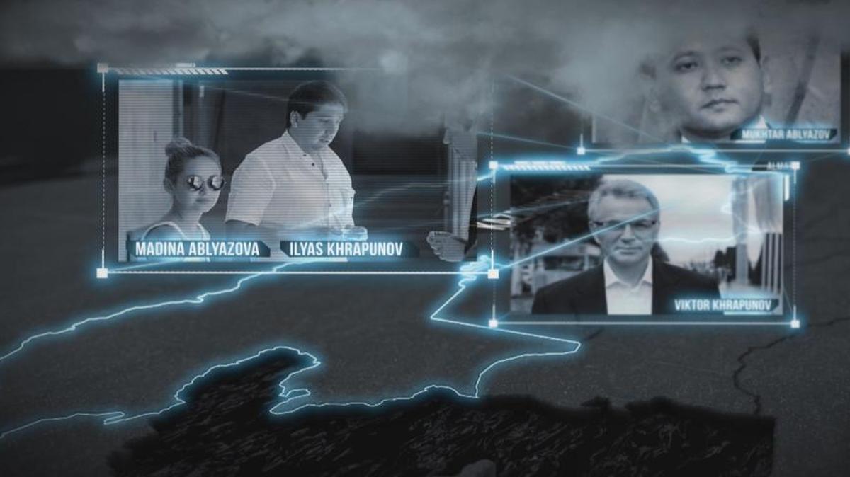 This graphic from Dutch broadcaster Zembla shows Mukhtar Ablyazov, a fugitive Kazakh banker, former Almaty Mayor Viktor Khrapunov, and their children, who are married, Madina Ablyazova and Ilyas Khrapunov. All face lawsuits alleging embezzlement.