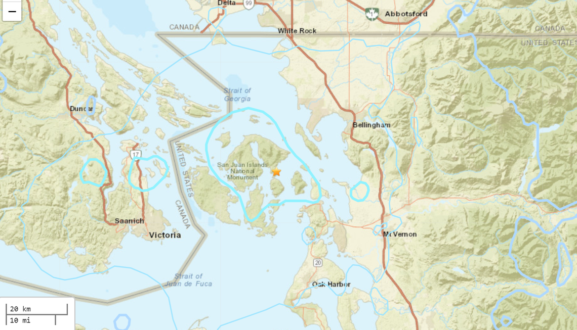 The gold star shows the epicenter of the quake on Orcas Island, Washington.