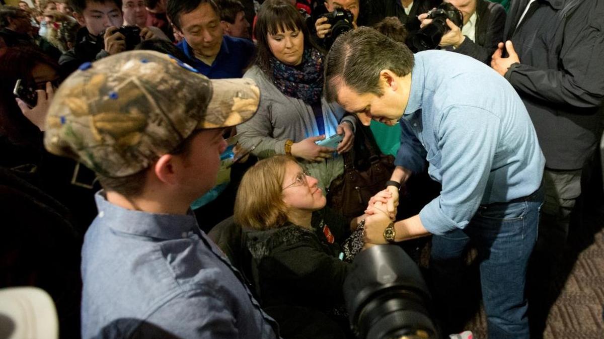Republican presidential candidate, Sen. Ted Cruz, R-Texas, greets a supporter during a campaign event, Saturday, Jan. 30, 2016, in Ames, Iowa.