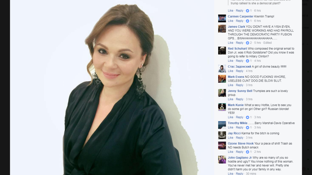The Facebook page of Russian lawyer Natalia Veselnitskaya was inundated with vulgar comments and threats on July 13, 2017. The lawyer has been the subject of unwanted attention since revelations that he held a meeting with Donald Trump Jr. in June 2016 at Trump Tower, ostensibly to pass on dirt collected by the Russian government on Hillary Clinton.
