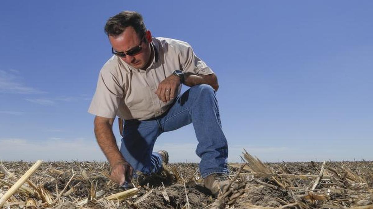 
Brant Peterson examines some soil on his farm in Stanton County, Kan. Peterson says he's noticed that the Ogallala aquifer, from which he draws to irrigate his crops, has declined rapidly in recent years as Kansas experienced a drought. His farm got just seven inches of rain a year for six years. During that time, the water level in his wells dropped by more than half. In 2009, Brant says, his was able to pump 5,400 gallons per minute from 15 wells. Now those wells are pumping just 2,600 gallons per minute for the same acres, and the water must be drawn from deeper under the ground, almost 600 feet, increasing the cost of pumping. Acutely aware of how little water is left, Brant uses satellites and apps on his phone and iPad to monitor his sprinklers and fields. “To me, I’m as efficient as I can be with my water,” he said. “The only thing I can do to conserve is to cut back acres."
