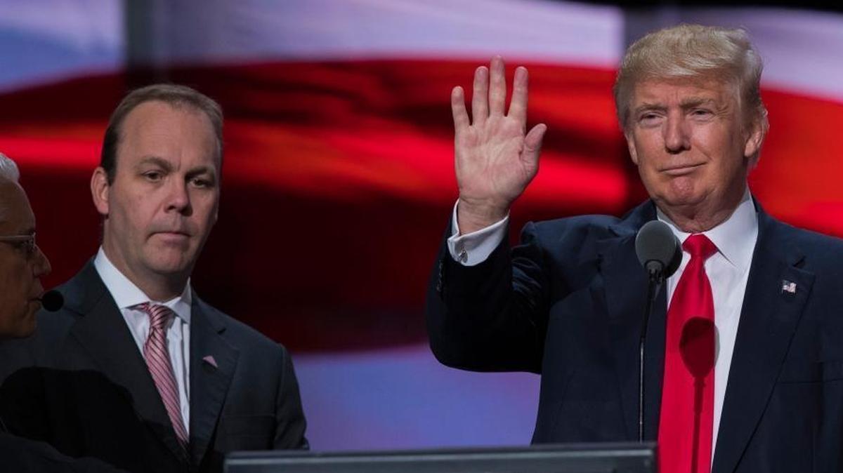 Then-Republican presidential candidate Donald Trump on stage with Rick Gates, left, at the Republican National Convention in Cleveland in July 2016.