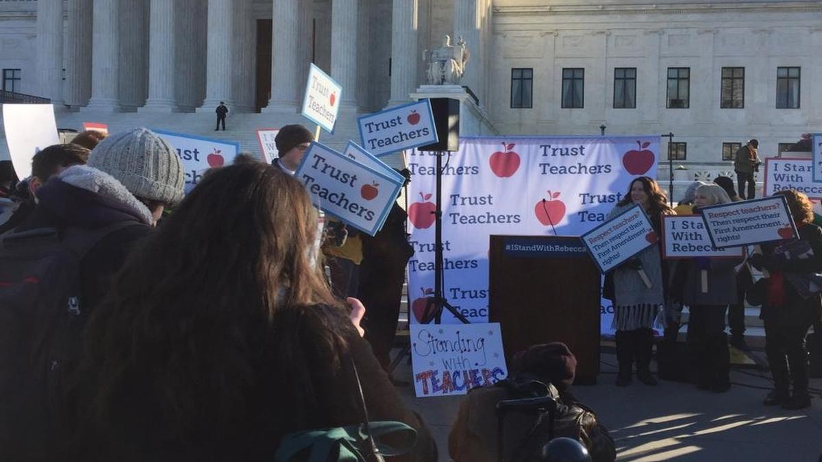 Teachers demonstrate outside the Supreme Court on Monday.