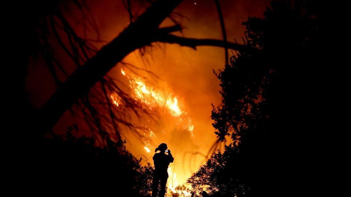 A firefighter takes a cell phone picture during a December wildfire in Montecito, Calif.