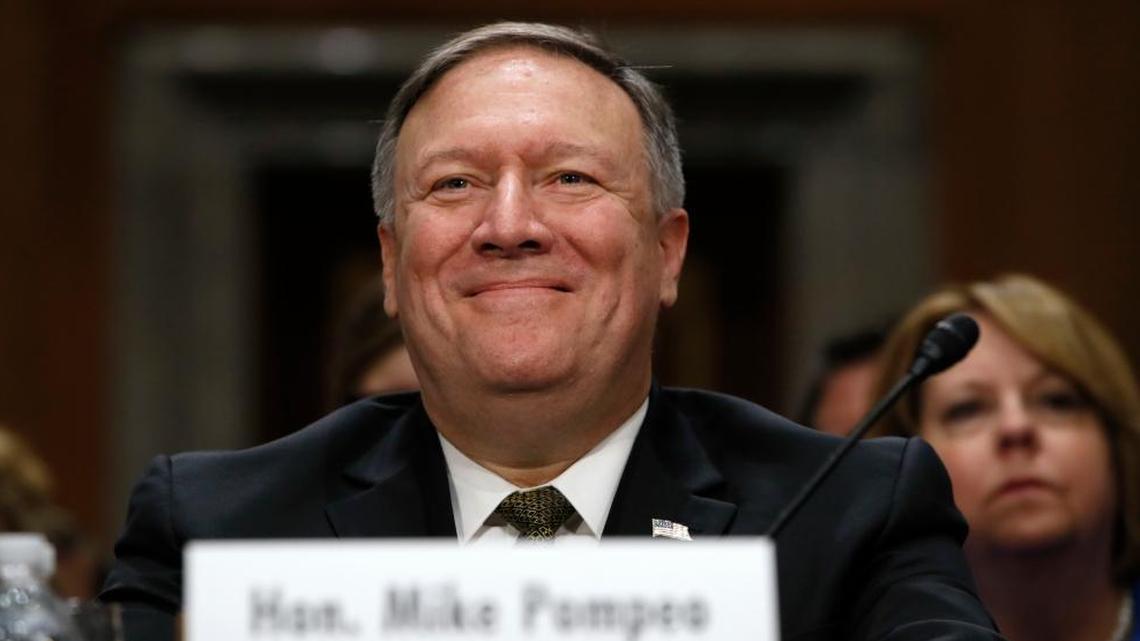 CIA Director Mike Pompeo, picked to be the next secretary of state, smiles after his introductions before the Senate Foreign Relations Committee during a confirmation hearing on his nomination to be Secretary of State on Thursday, April 12, 2018, on Capitol Hill in Washington.