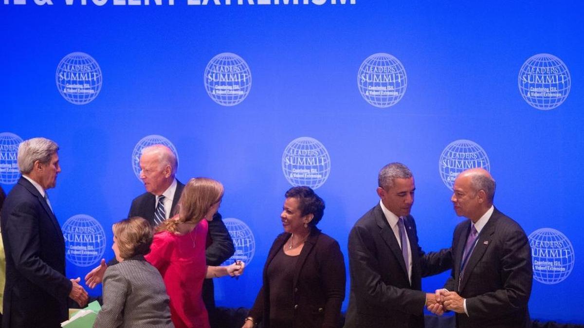 
From left, Secretary of State John Kerry, Assistant to the President for Homeland Security and Counterterrorism Lisa Monaco, Vice President Joe Biden, U.N. Ambassador Samantha Power, Attorney General Loretta Lynch, President Barack Obama and Homeland Security Secretary Jeh Johnson, greet each other during a break at the Leaders’ Summit on Countering ISIL and Countering Violent Extremism, Tuesday at the United Nations. 

