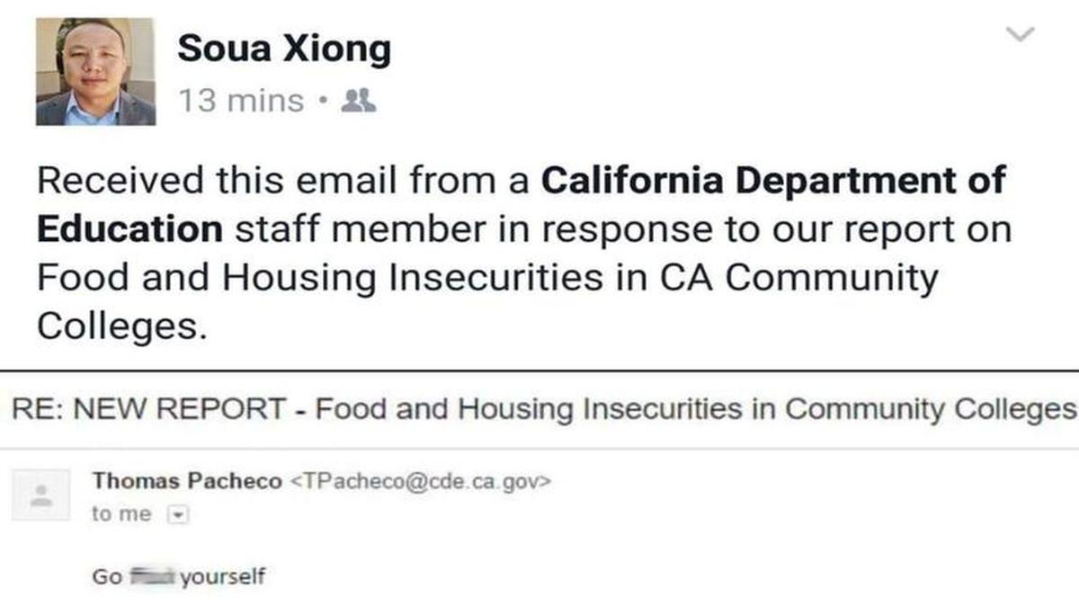 Soua Xiong, a research associate with Community College Equity Assessment Lab, posted an image of the email from the state Department of Education on his Facebook page.