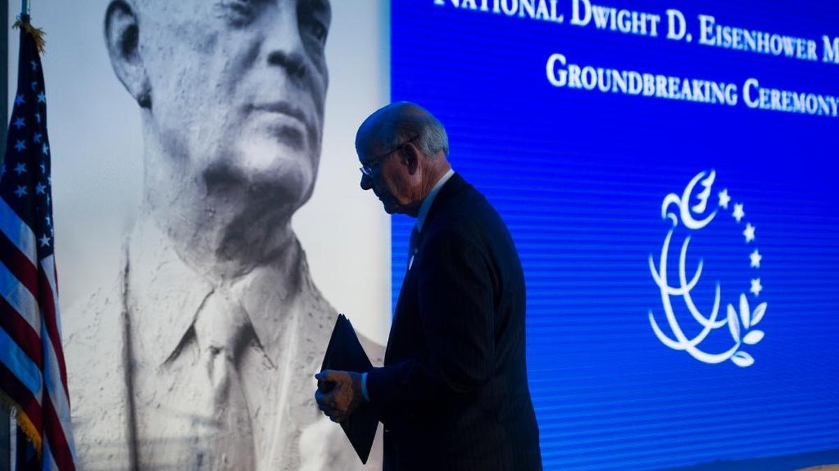 Sen. Pat Roberts, R-Kansas, chairman, Dwight D. Eisenhower Memorial Commission, walks offstage after speaking during the groundbreaking of the Dwight D. Eisenhower Memorial, in Washington Thursday.