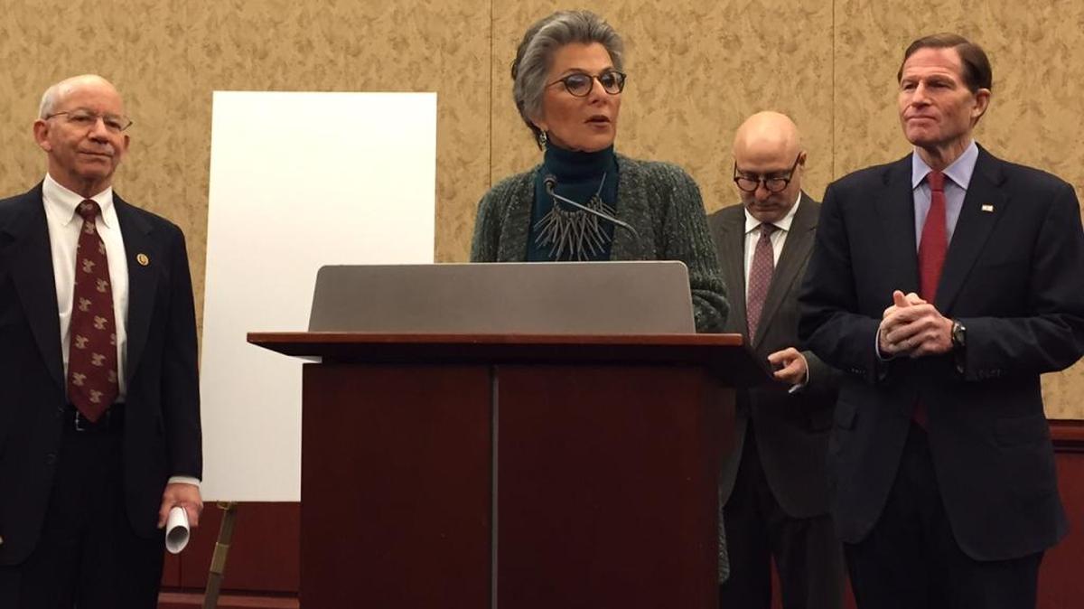 
Sen. Barbara Boxer, D-Calif., talks about a bill on Feb. 12, 2015, flanked by Rep. Peter DeFazio, D-Ore., left, and Sen. Richard Blumenthal, D-Conn. Boxer is retiring from the Senate next year.
