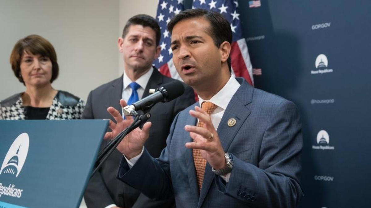 Rep. Carlos Curbelo, R-Fla., a member of the House Ways and Means Committee, is joined by, from left, Rep. Cathy McMorris Rodgers, R-Wash., and Speaker of the House Paul Ryan, R-Wis., as they talk about the GOP agenda for tax reform during a news conference on Capitol Hill in Washington, Tuesday, Oct. 24, 2017.