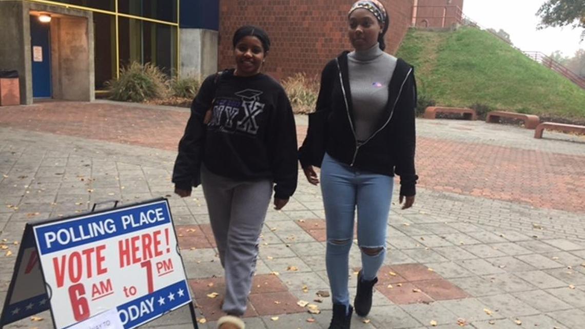 Autumn Sanders, 20, of Wilmington, DE, (right) and Zaria Lumsden, 19, of Bronx, NY, (left) both sophomores at Hampton University, a historically black university in Hampton, Va., head to the polls on Nov. 7, 2017, to vote in the Virginia governors race. A national survey by the Institute for Democracy & Higher Education at Tufts University found voter turnout among at the nation’s Historically Black College and Universities fell nearly 11 percent from 2012 to 2016. The decline was consistent with an overall decline in voting by all African Americans in 2016. If the pattern continues in 2018, it could dash Democrats’s hopes of retaking the House and Senate.