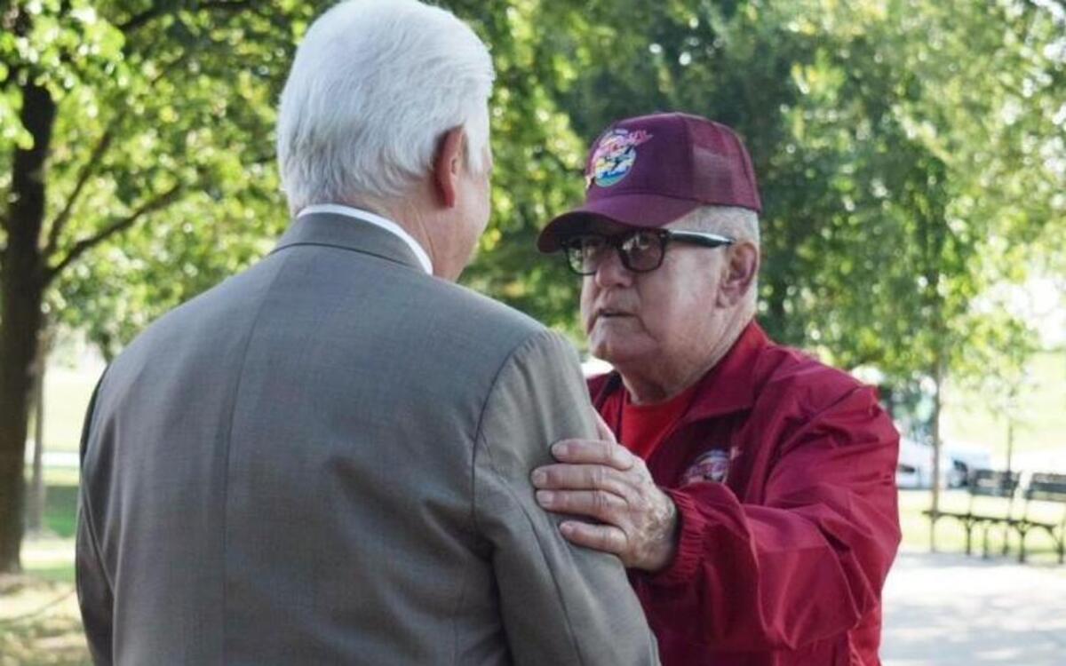 Rep. Jim Costa, D-Fresno, left, thanks Korean veteran Javier Ortega of California for his service during an Honor Flight visit to the World War II Memorial in Washington on Tuesday, Sept. 13, 2016.