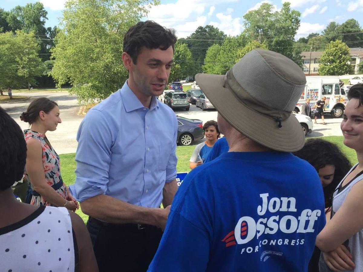 Jon Ossoff meets supporters at a campaign event on Saturday in Atlanta. He is trying to become the first Democratic candidate to win a seat in Georgia’s 6th Congressional District since the 1970s.