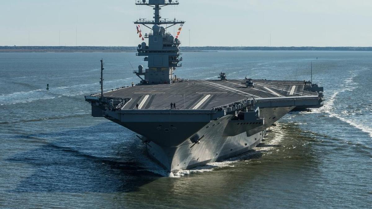 In this photo provided by the U.S. Navy, the USS Gerald R. Ford embarked on the first of its sea trials to test various state-of-the-art systems on its own power for the first time Saturday, April 8, 2017, from Newport News, Va.
