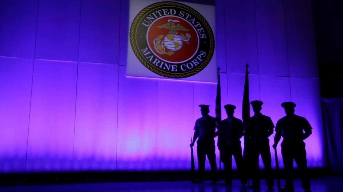 FILE – A Marine Corps Color Guard stands under a Marine emblem in Jupiter, Fla., May 5, 2014. The Naval Criminal Investigative Service is investigating reports that some Marines shared naked photographs of female Marines, veterans and other women on a Facebook page, some of which were taken without the women’s knowledge. Marine Corps Commandant Gen. Robert B. Neller called the online activity "distasteful" and says it shows an "absence of respect."