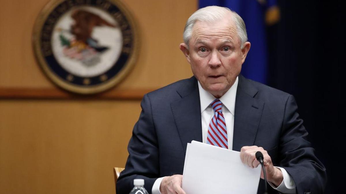 Attorney General Jeff Sessions prepares to speak before a meeting of the Attorney General's Organized Crime Council and Organized Crime Drug Enforcement Task Forces (OCDETF) Executive Committee to discuss implementation of the President's Executive Order 13773, at the Department of Justice, Tuesday, April 18, 2017, in Washington.