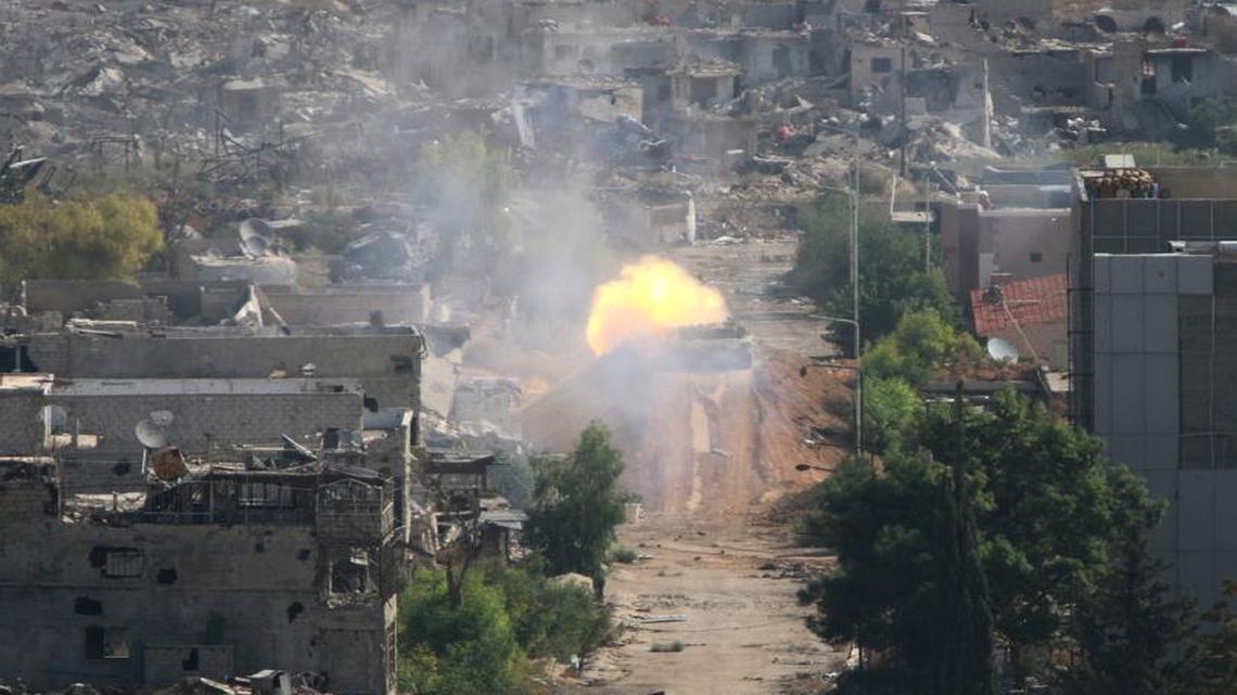 A Syrian army tank fired during fighting in Jobar near Damascus last week after the Syrian army, backed by Russian airstrikes, launched an offensive.