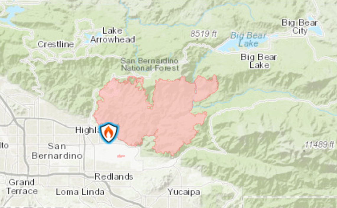 This map shows the Line Fire on Sept. 12 in San Bernardino County, California, southwest of Big Bear Valley.