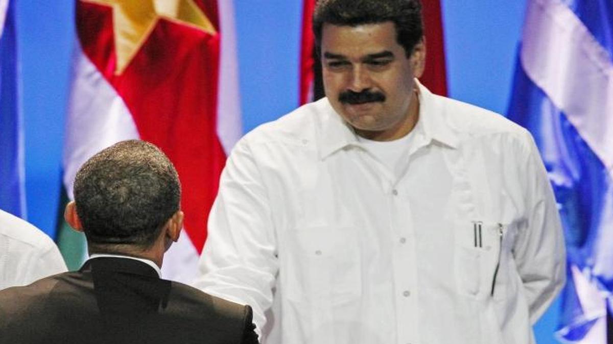 President Barack Obama shaking hands with Venezuela’s president, Nicolas Maduro. The two rivals found themselves on the same side of arguments before the U.S. Supreme Court on Wednesday.