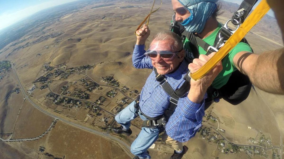 
LeRoy Nygaard sky dives in tandem with a professional from Skydive Hollister on Saturday to celebrate the Modesto resident’s 85th birthday.
