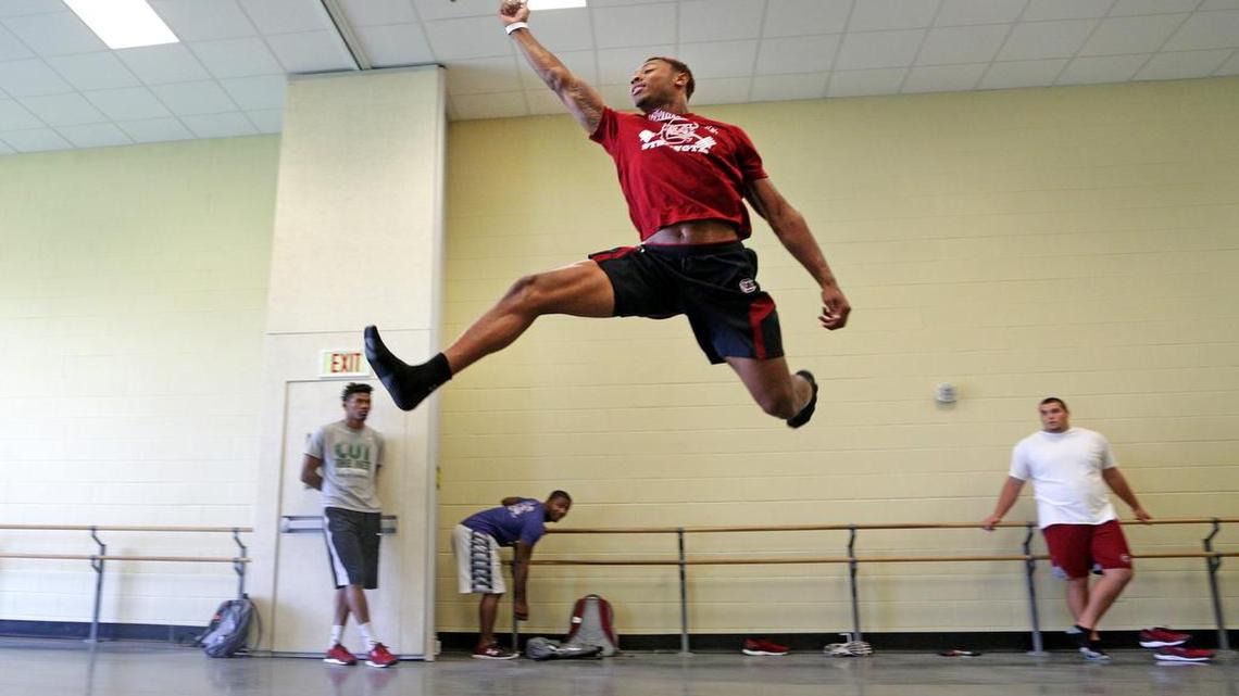 
South Carolina freshman wide receiver D.J. Neal rehearses various dance moves during dance appreciation class on Monday, July 27, 2015. Freshman football players are taking the class this summer.
