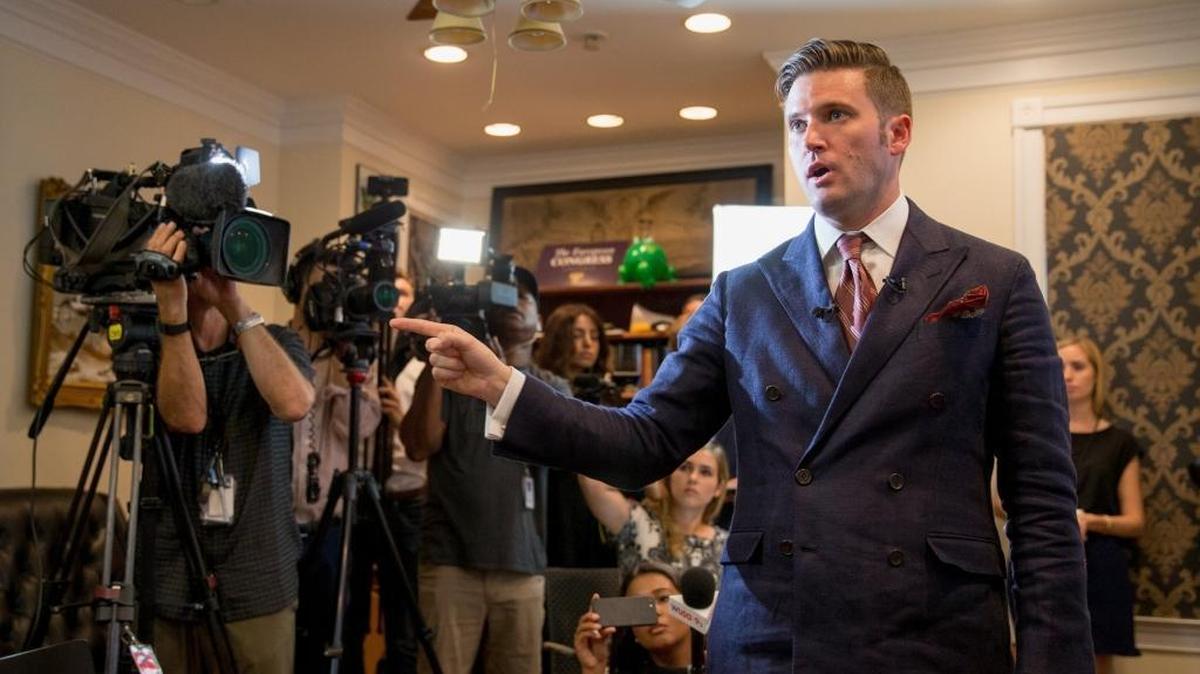 White nationalist Richard Spencer speaks to select media in his office space on August 14, 2017 in Alexandria, Virginia. Spencer, head of the National Policy Institute and self-described creator of the term "alt-right," announced his intention to speak at rallies at Texas A&M University and the University of Florida in September.