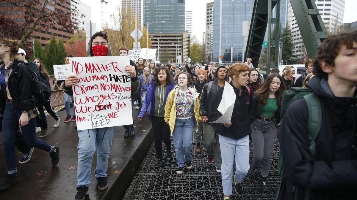 Portland Public School students walk out of schools Monday, Nov. 14, 2016, and converge on Pioneer Courthouse Square for a protest against the results of last week's presidential election. Hundreds of high school students joined protests in Portland on Monday against Donald Trump’s election.