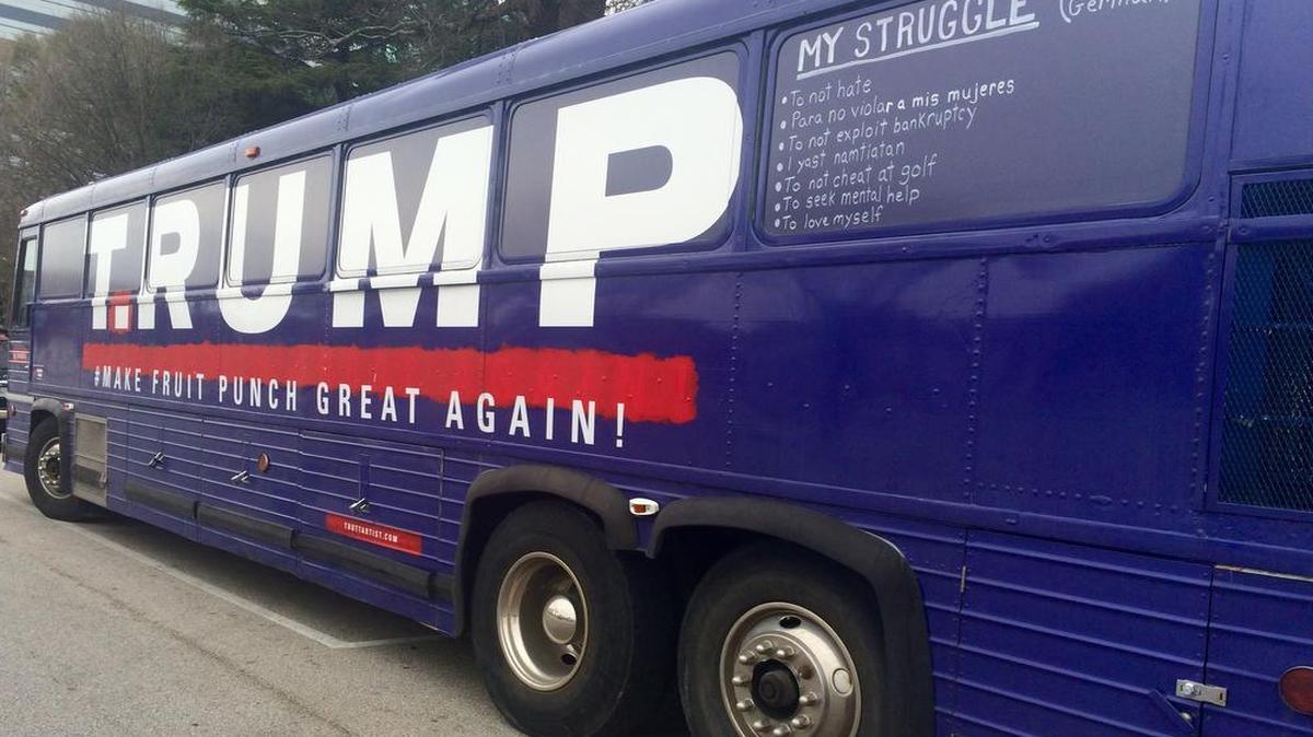 The T.RUMP bus is parked on Assembly Street next to the State House on Sunday.