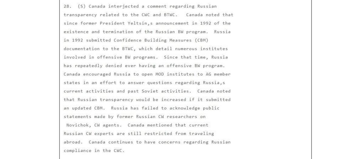 This screenshot of a then-secret State Department cable from June 2006 underscores global concerns, in this case Canada, about Russian production of the nerve agent Novichok.