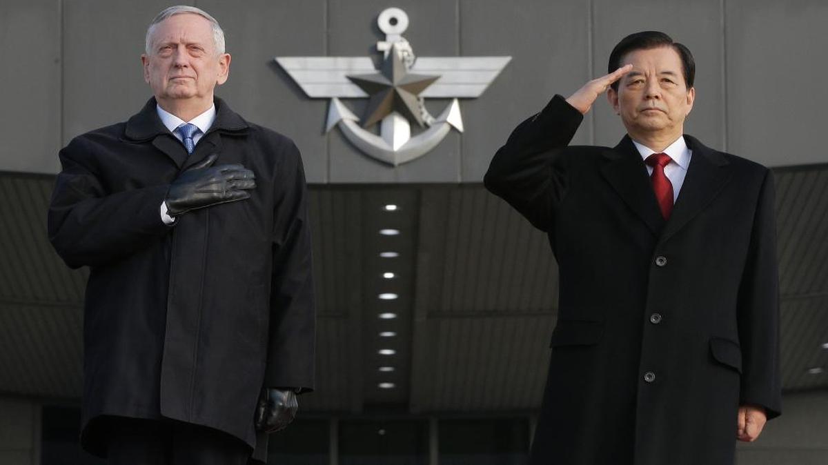 U.S. Defense Secretary James Mattis and South Korean Defense Minister Han Min Koo salute during a welcome ceremony for Mattis at the Defense Ministry in Seoul, South Korea, Friday, Feb. 3, 2017.