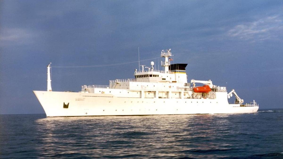 The USNS Bowditch, a civilian U.S. Navy oceanographic survey ship, sails in open water in this undated photo. U.S. crewmen were operating an underwater drone from the ship Thursday when a Chinese crew snatched the vessel in the South China Sea.