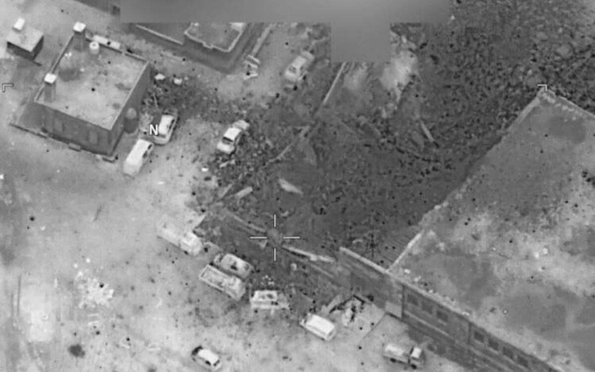 The Pentagon released this photo Friday, March 17, 2017, that it said was taken after an airstrike on a meeting of al Qaida leaders in Jinah, Syria. According to the Pentagon, U.S. aircraft deliberately avoided hitting the mosque on the left side of the photo. The Pentagon said dozens of al Qaida terrorists were killed. Monitoring groups have said dozens of civilians died.