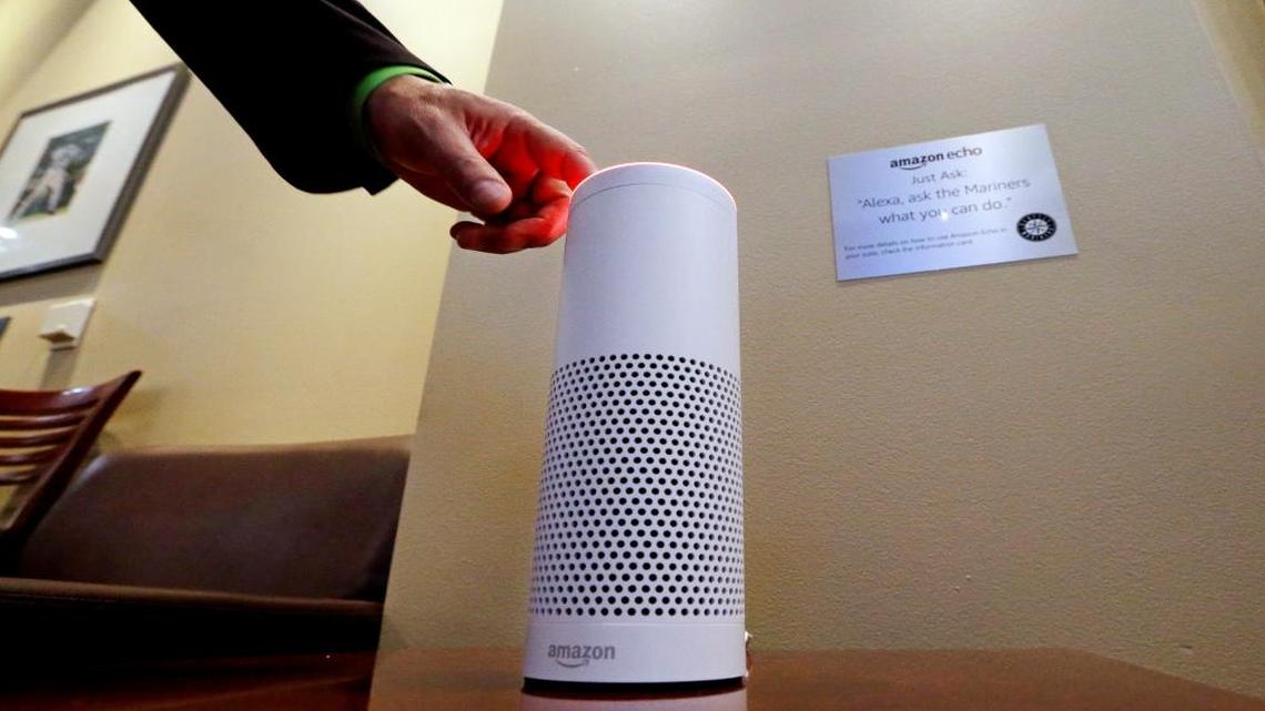 An Amazon Alexa device is switched on for a demonstration of its use in a ballpark suite before a Seattle Mariners baseball game in Seattle on May 17, 2017. Voice-activated devices are among internet-enabled electronics that may collect private data from their owners.