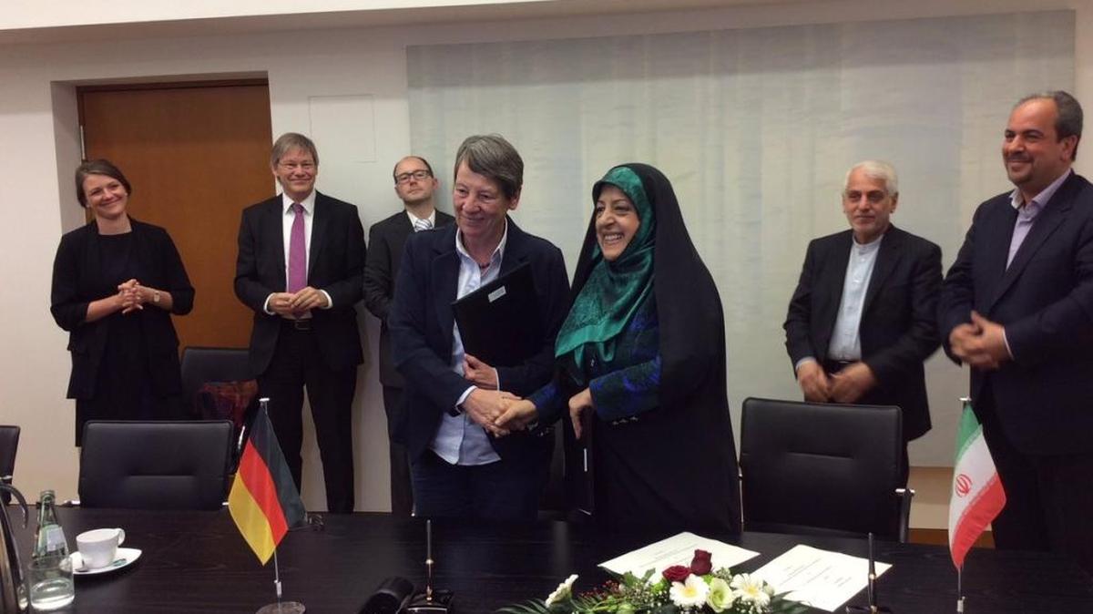 Iranian Environment Minister Massoumeh Ebtekar posted this uncredited photo to her Twitter feed caputring her handshake with Barbara Hendricks, her German counterpart.