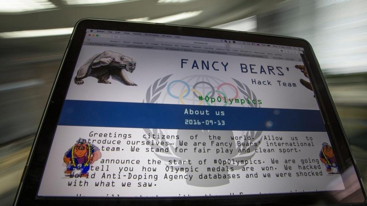 A screenshot from 2016 shows the website of the Fancy Bears’ Hack Team on a computes screen in Moscow, Russia. The group, presumably linked to the Russian military, has leaked emails and medical records again in the run-up to an Olympics Games. Russia was barred from sending a team to Peyongchang, South Korea, for Winter Games that begin Feb. 9.